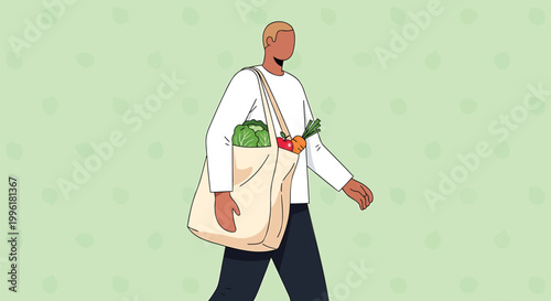 Eco friendly shopping, sustainable lifestyle, man with reusable bag, healthy food