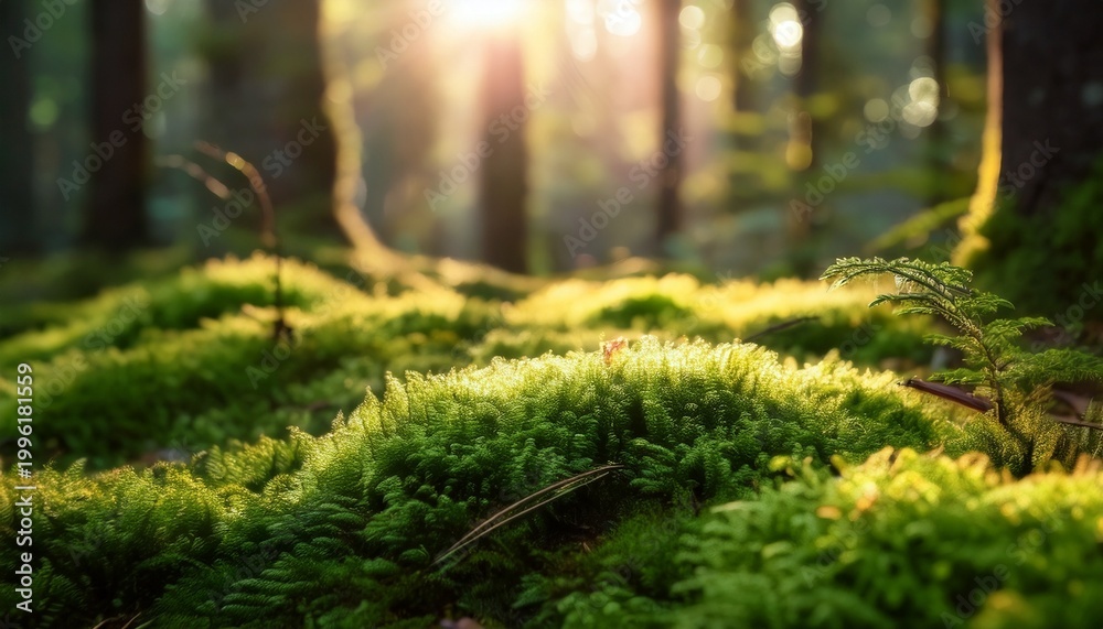 Obraz premium lush green moss growing on forest floor illuminated by soft sunlight