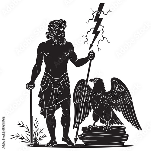 Ancient Greek god Zeus with lightning bolt and eagle vector illustration isolated on white background