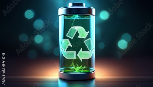 transparent rechargeable battery with recycling symbol representing sustainable energy storage circular economy and clean technology innovation