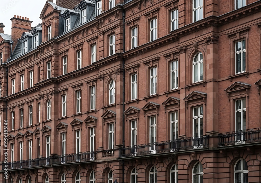 Fototapeta premium Classic european red brick building with white window frames and black wrought iron fence