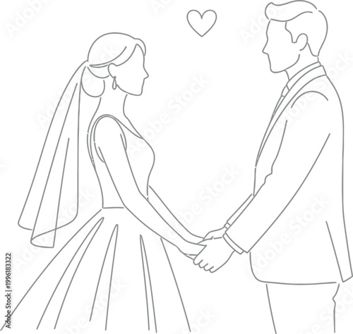 Minimalist line art illustration depicting a happy bride and groom holding hands with a small heart above them symbolizing love and commitment on their wedding day.