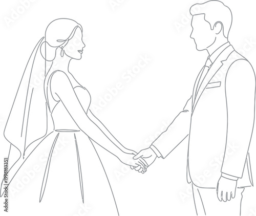 Elegant line art drawing of a beautiful bride and handsome groom standing together holding hands in formal wedding attire while looking at each other during their romantic and special wedding ceremony