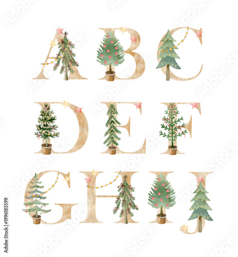 Vector watercolor christmas letters for invitation card, greeting card, birthday, logo, poster and other.