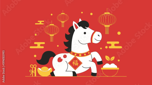 Illustration of a white horse with black mane and tail, adorned with red and gold decorations, standing on a red background with gold Chinese lanterns and coins.