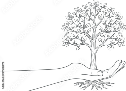 Принти на полотні A stylized black and white illustration of a person's hand gently cradling a flourishing tree with exposed roots symbolizes care and growth