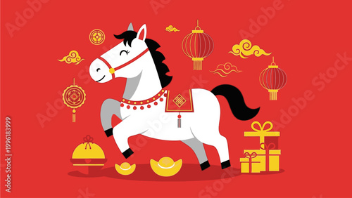 Illustration of a white horse with red and gold decorations surrounded by lanterns and gifts on a red background with a festive mood.