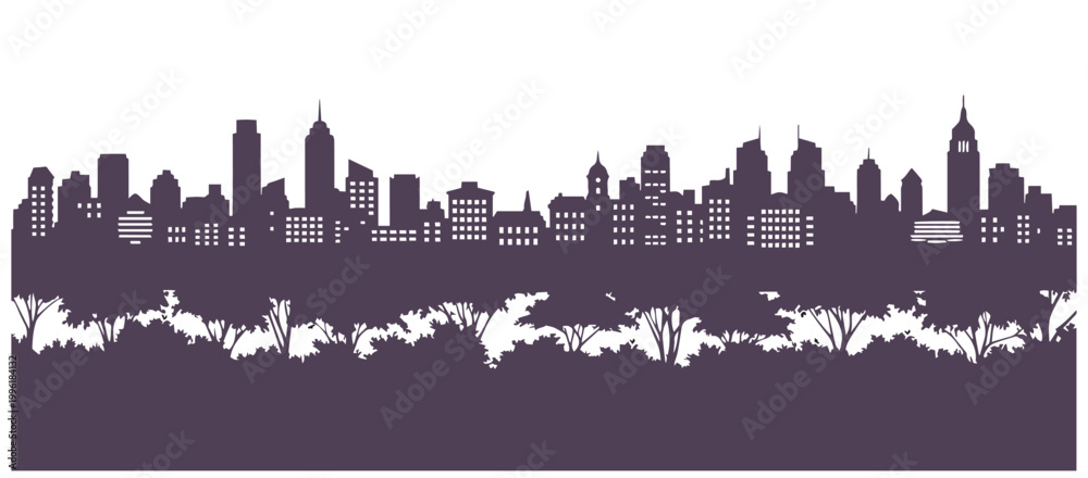 Obraz premium Outline of city skyscrapers set against a row of trees and shrubs
