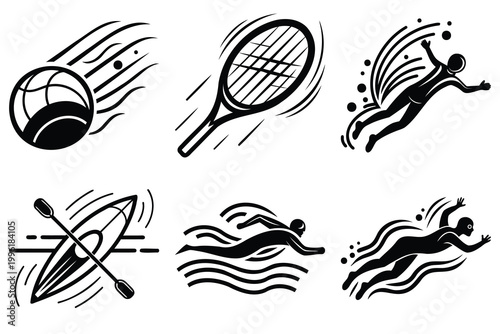 Water sports and racket games icon set featuring swimming kayaking diving tennis and volleyball symbols in artistic black line work.