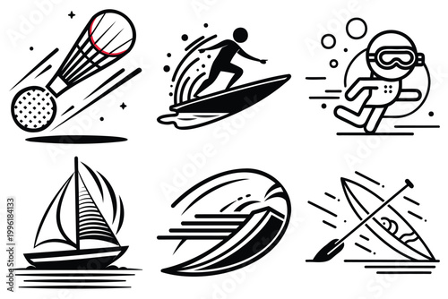 Dynamic collection of various sports and recreational activities featuring badminton, surfing, kayaking, and sailing, flat style.