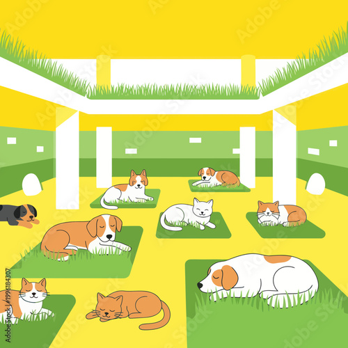 Cute cartoon dogs and cats resting in a modern animal shelter with green grass.