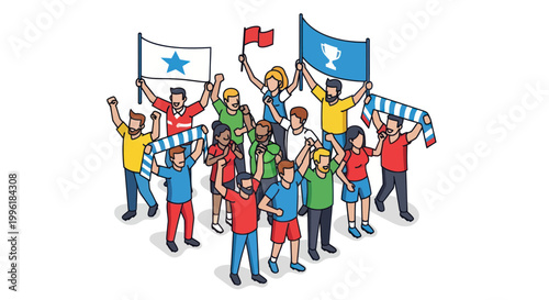 Diverse Group of Cheering Fans Celebrating Victory with Flags and Scarves