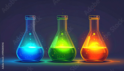 Vibrant laboratory flasks illuminate with colored liquids