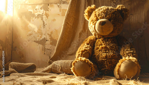 Vintage teddy bear in rustic interior