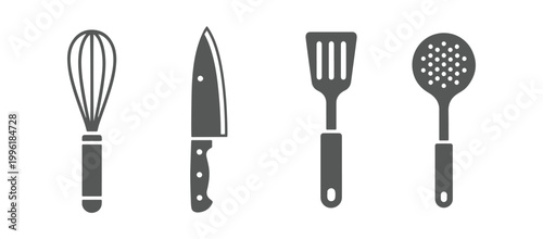 Different types of utensils and gadgets represented by  icons. Cooking tools include a scraper, knife, and spatula.