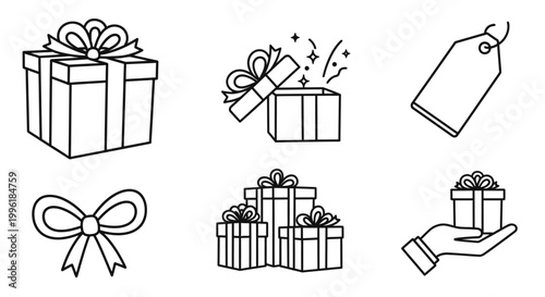 Minimalist gift and holiday shopping line icon set
