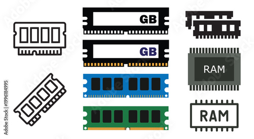 RAM Memory Icons Set Computer Hardware Random Access Memory Technology Vector Illustration