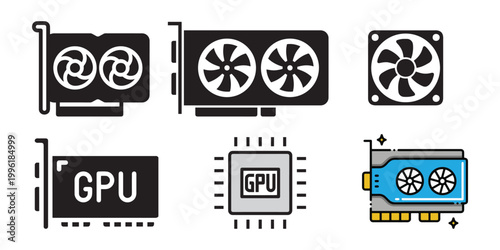 GPU Graphics Card Icons Set Computer Hardware Video Card Processing Unit Vector Illustration