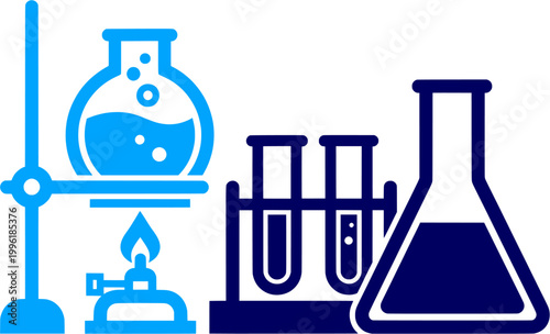 Chemistry laboratory glassware flat icons set. science research, lab equipment, chemical experiment, flask burner, test tubes rack, laboratory tools, education science
