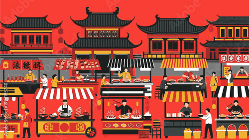 Vibrant illustration of a traditional Asian market with food stalls and pagoda-style buildings against a bold red background.