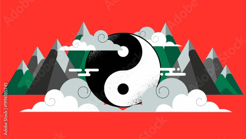 Flat illustration of a yin-yang symbol with mountains and clouds on a red background, conveying a harmonious balance between opposites in a stylized graphic design.