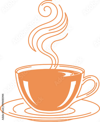 An elegant minimalist line art illustration features a steaming hot cup of tea or coffee on a saucer, evoking warmth and comfort with a simple, inviting design.