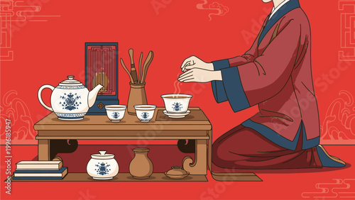 Illustration of a person in traditional attire preparing tea on a low table with ceramic teaware against a red background with a subtle pattern.