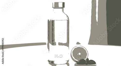 Clear glass water bottle filled with refreshing mineral beverage sits on a wooden table alongside a fresh yellow lemon slice and green mint leaves to promote healthy hydration and daily wellness