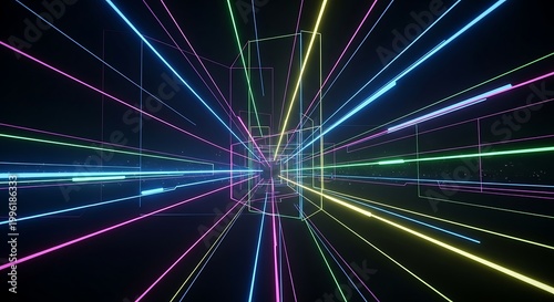 A vibrant digital illustration of colorful neon lines radiating from a central point