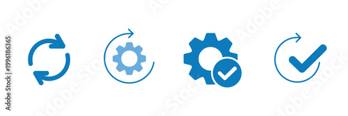 Sync process icon vector set featuring reload circle arrows, gear wheel, refresh, recycling, and update checkmark symbols for system processing design
