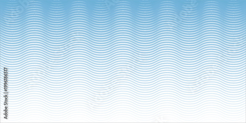 Blue wave texture gradient. Fading curved linear halftone gradation. Wavy water lines pattern wallpaper. Thin to thick undulate stripes background for overlay, print, cover, graphic design. Vector