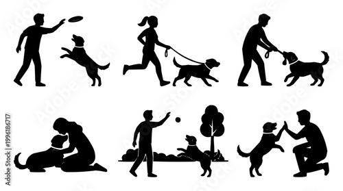 Silhouettes of people interacting with dogs in various activities and poses