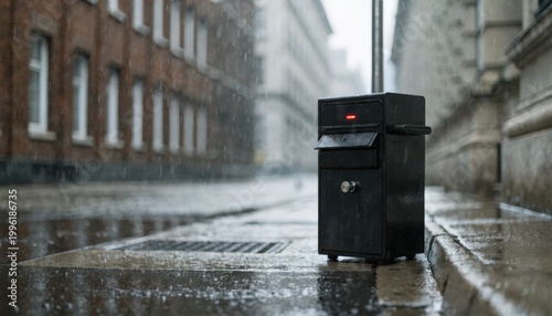 Medium shot showing an afterhours document drop slot illuminated with a red indicator blurred background enhancing the slots secure design and accessibility.