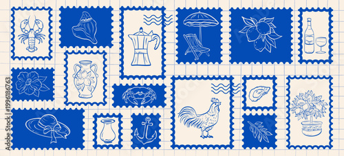 Hand drawn doodle Italian vacation postal stamps elements. Coastal elements lemons, seafood, lobster, shell, cocktail, hat, rooster badge or sticker. Vector.