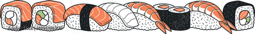 Assortment of delicious and fresh sushi rolls and nigiri featuring salmon, shrimp, and avocado depicted in a colorful hand-drawn style on a white background perfect for culinary designs.