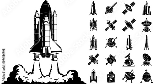 space shuttle launch,Space rocket vector illustration,New scientific invention of space rocket set
