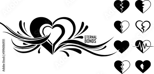 Eternal Bonds ,A Romantic Vector ,Heart bonds,Dynamic heart feeling,love bonds, Half heart designs, silhouette of blank heart, Romantic heart , Relation of heart, Everlasting beating heart,