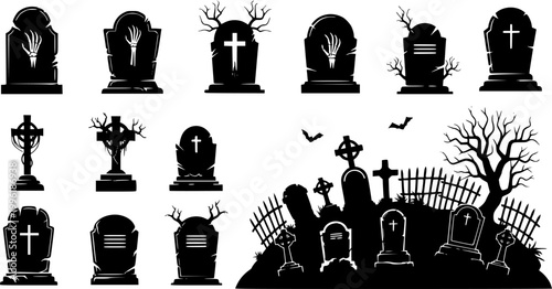 Graves design,Graves silhouette,Vector isolated graves,Spooky gravestone cemetery silhouette, collection of halloween vector, isolated vector on white background,scary and creepy tombstone element