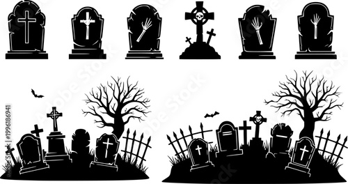 Graves design,Graves silhouette,Vector isolated graves,Spooky gravestone cemetery silhouette, collection of halloween vector, isolated vector on white background,scary and creepy tombstone element