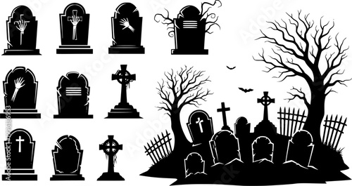 Graves design,Graves silhouette,Vector isolated graves,Spooky gravestone cemetery silhouette, collection of halloween vector, isolated vector on white background,scary and creepy tombstone element