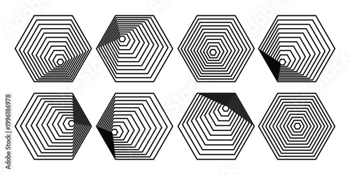 Set of eight abstract geometric hexagons with concentric lines creating a 3D optical illusion tunnel effect for modern graphic design.