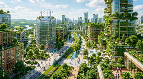 Ciudad moderna con vegetación integrada, edificios sostenibles, luz natural, composición limpia y futurista.