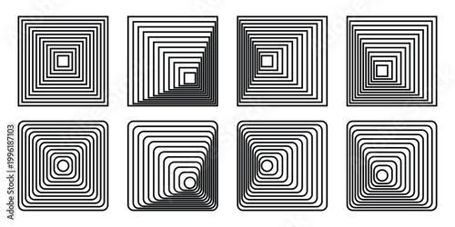 A collection of eight abstract geometric square and rounded square patterns with concentric lines creating a deep three-dimensional tunnel effect.