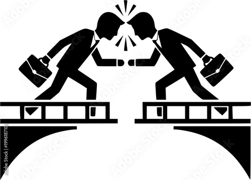 Two businessmen colliding heads on bridge while carrying briefcases,Corporate rivals clash headfirst on bridge with bags in hand,Businessmen bumping heads on bridge in competitive encounter