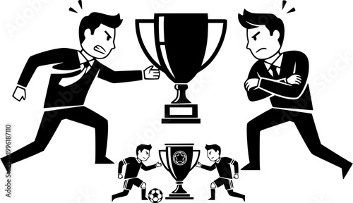 Two businessmen competing for success prize,Corporate competition over victory trophy,Business rivals fighting for winning cup, Soccer players competing for cup