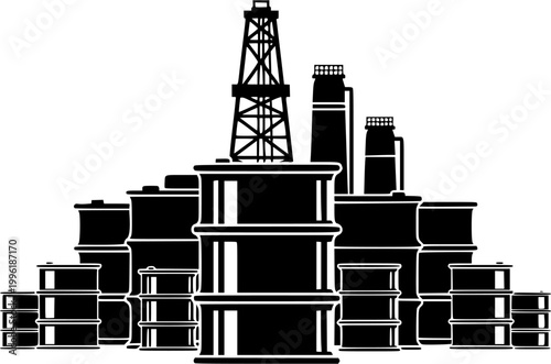 Oil barrel with oil barrels,Petroleum energy concept vector illustration,Oil barrel and drilling rig vector design,Crude oil extraction and refinery vector