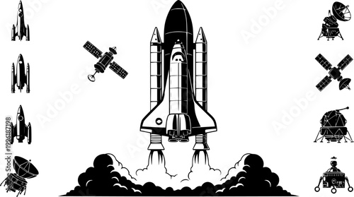 space shuttle launch,Space rocket vector illustration,New scientific invention of space rocket set
