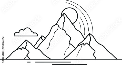 Minimalist graphic illustration of a mountain range under a rising sun with a single cloud in a serene, calm, and peaceful outdoor scene.