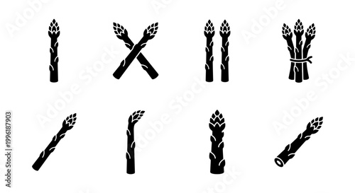 Black asparagus icons set, minimalist vegetable silhouettes, organic food vector elements for restaurant menu design and healthy cooking concepts