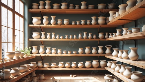 Unfired pottery vessels drying on wooden shelves in artisan ceramic workshop with natural light